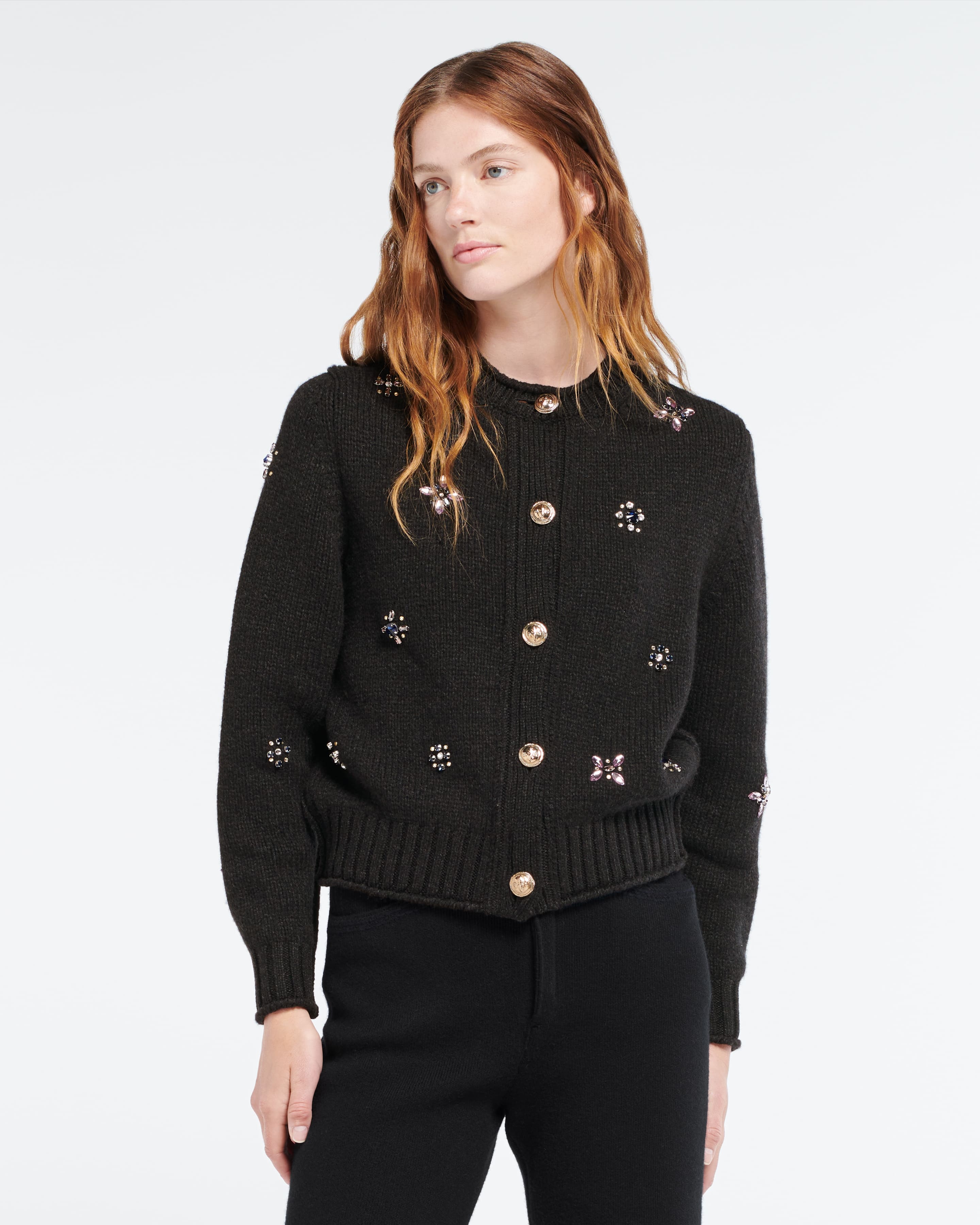 Black sweater with gold buttons best sale