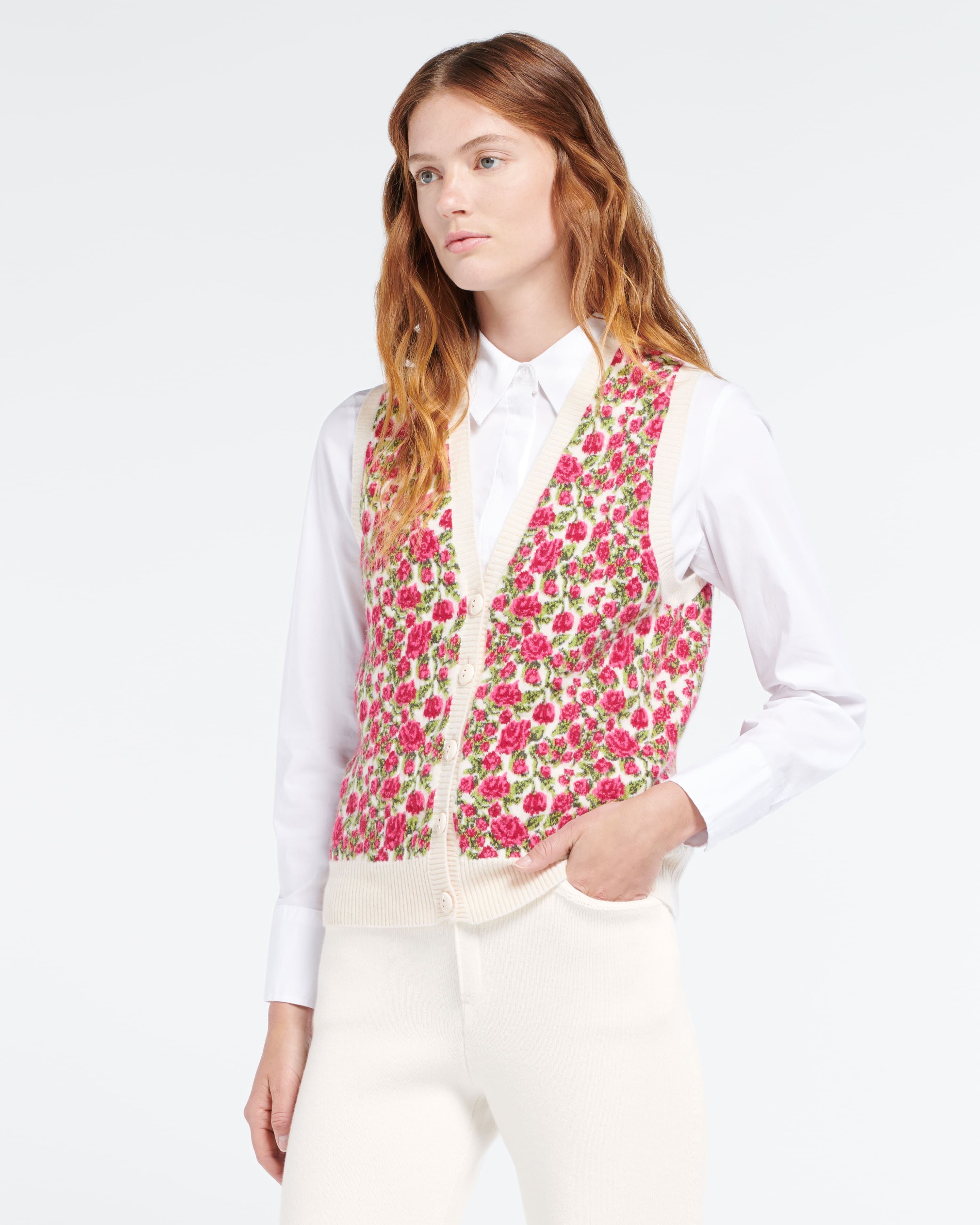 Cashmere and wool gilet with roses motif Barrie